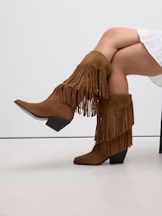 Tan Brown Suede Forever Comfort® Fringed Knee High Cowboy Boots - Image 3 of 5