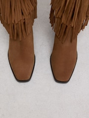 Tan Brown Suede Forever Comfort® Fringed Knee High Cowboy Boots - Image 4 of 5