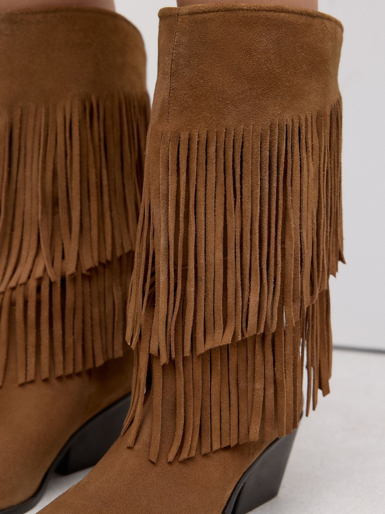 Tan Brown Suede Forever Comfort® Fringed Knee High Cowboy Boots - Image 5 of 5 Tan Brown Suede Forever Comfort® Fringed Knee High Cowboy Boots - Image 5 of 5