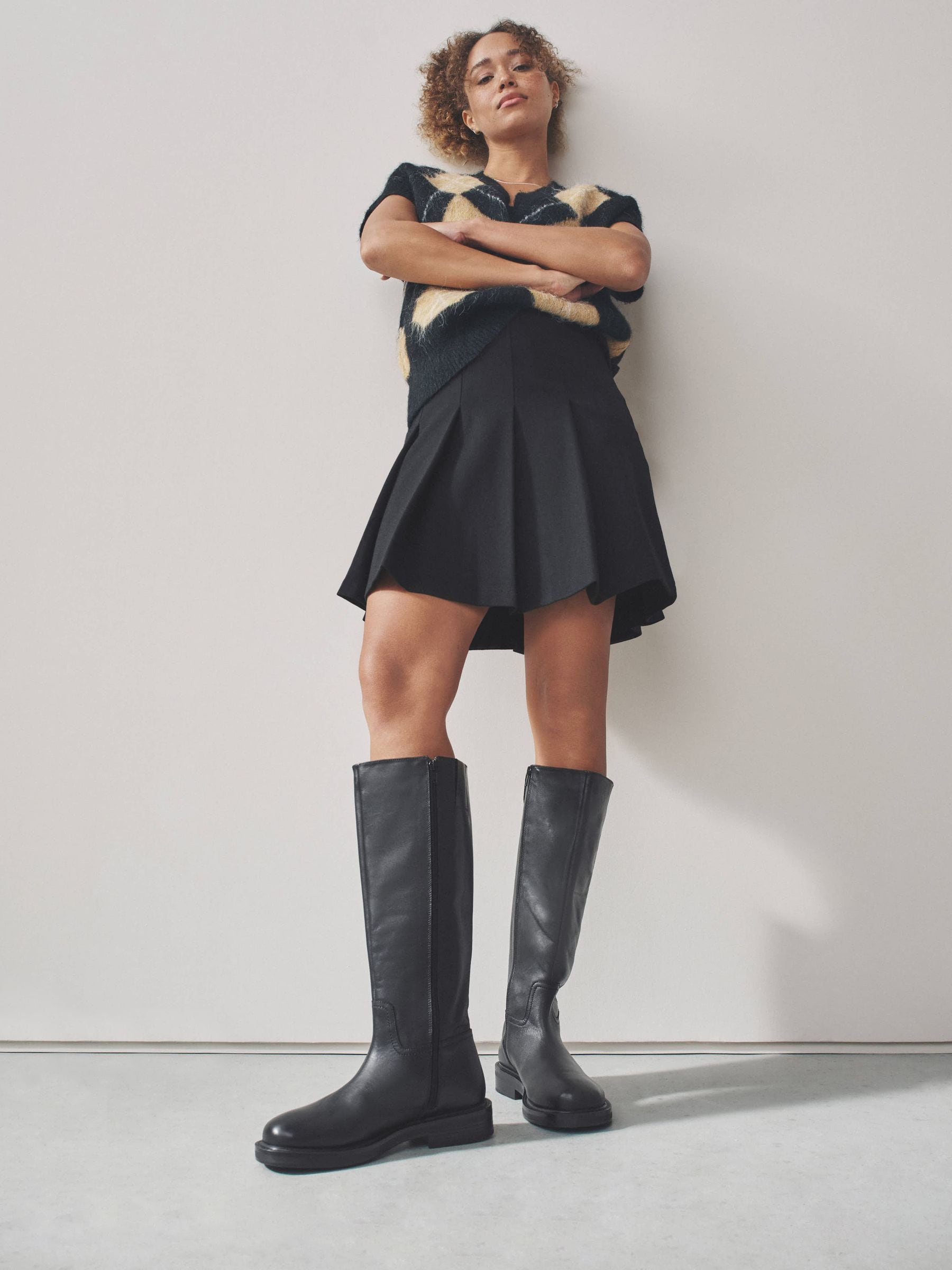 Buy Black Forever Comfort® Leather Round Toe Chunky Knee High