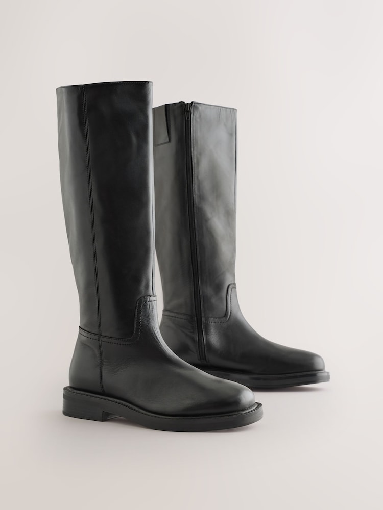 Black Forever Comfort® Leather Round Toe Chunky Knee High Boots - Image 2 of 5
