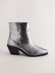 Metallic Silver Leather Extra Wide Fit Forever Comfort® Cowboy Block Heel Ankle Boots - Image 1 of 5