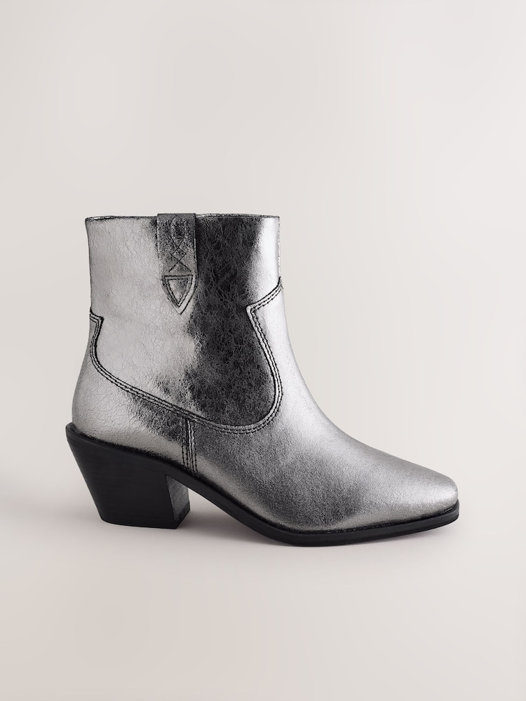 Metallic Silver Leather Extra Wide Fit Forever Comfort® Cowboy Block Heel Ankle Boots - Image 1 of 5