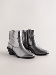 Metallic Silver Leather Extra Wide Fit Forever Comfort® Cowboy Block Heel Ankle Boots - Image 2 of 5