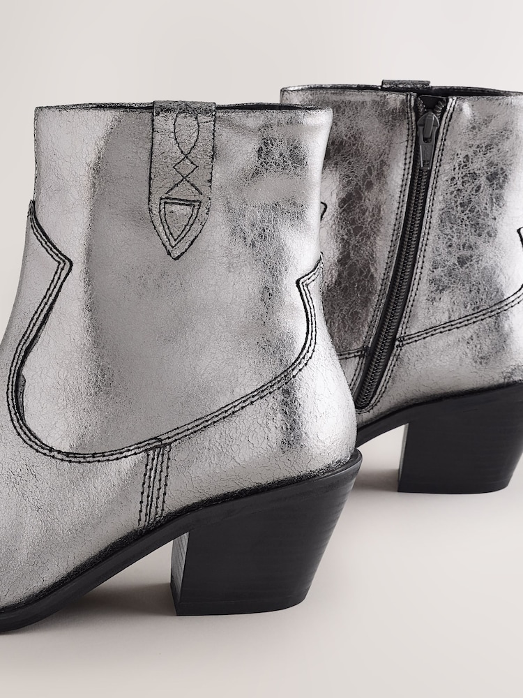 Metallic Silver Leather Extra Wide Fit Forever Comfort® Cowboy Block Heel Ankle Boots - Image 5 of 5 Metallic Silver Leather Extra Wide Fit Forever Comfort® Cowboy Block Heel Ankle Boots - Image 5 of 5