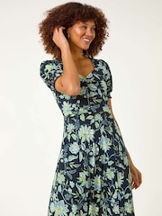 Roman Blue Floral Sweetheart Midi Dress - Image 4 of 5