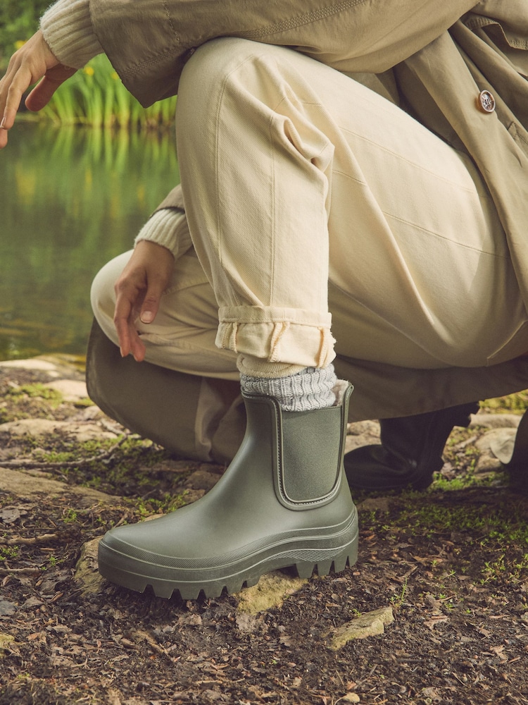 Khaki Green Faux Fur Lined Chelsea Ankle Wellies - Image 1 of 11