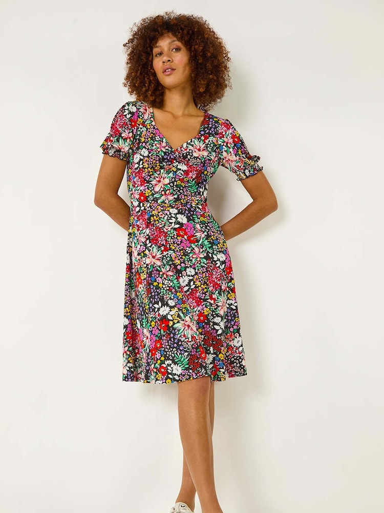 Roman Black Floral Print Ruched Stretch Midi Dress - Image 1 of 5