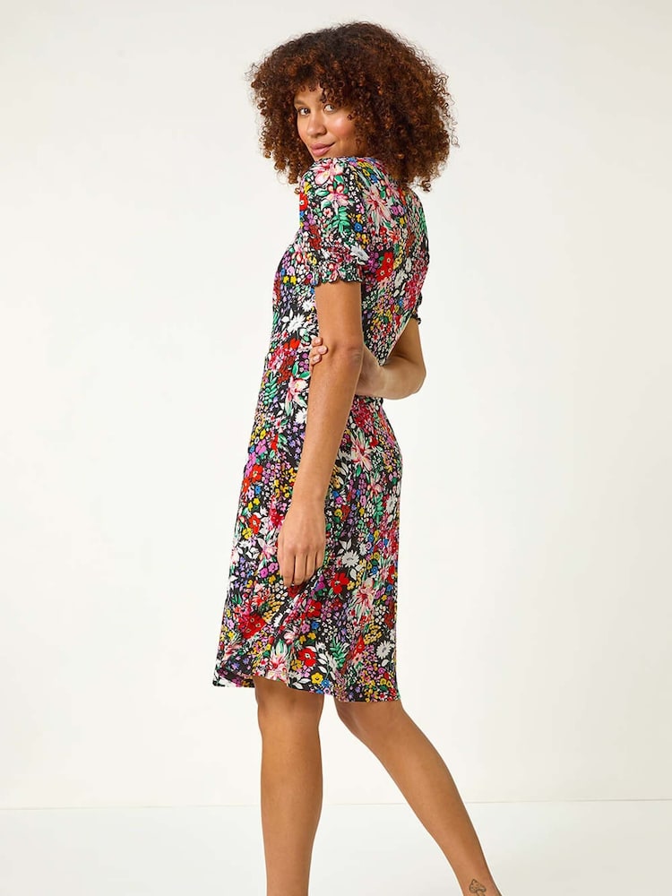Roman Black Floral Print Ruched Stretch Midi Dress - Image 2 of 5