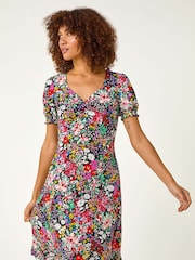 Roman Black Floral Print Ruched Stretch Midi Dress - Image 3 of 5