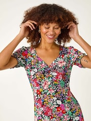 Roman Black Floral Print Ruched Stretch Midi Dress - Image 4 of 5