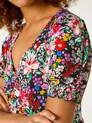 Roman Black Floral Print Ruched Stretch Midi Dress - Image 5 of 5