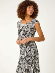 Roman White Cross Hatch Print Stretch Midi Dress - Image 1 of 5