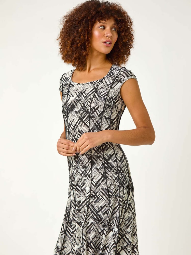 Roman White Cross Hatch Print Stretch Midi Dress - Image 1 of 5