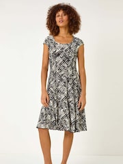 Roman White Cross Hatch Print Stretch Midi Dress - Image 2 of 5