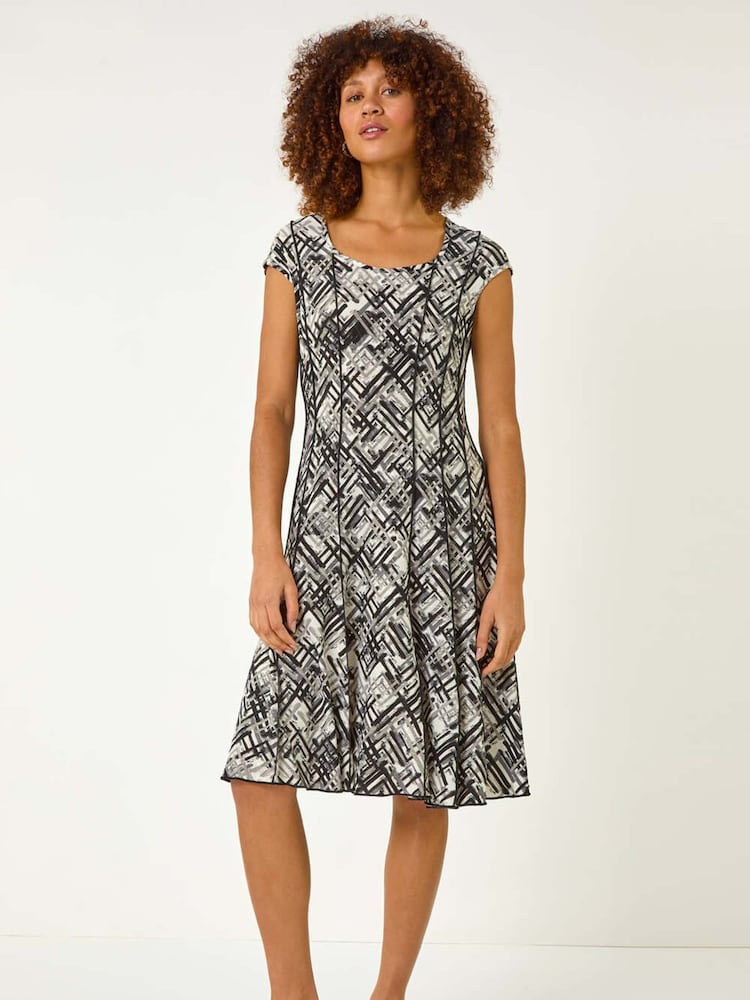 Roman White Cross Hatch Print Stretch Midi Dress - Image 2 of 5