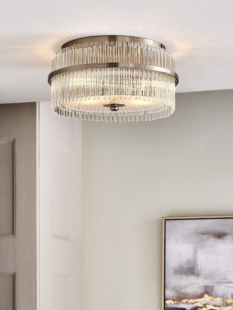 Lipsy Brushed Silver Flush Fitting Round Glass Ceiling Light - Image 1 of 4