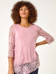 Roman Pink Burnout Rose Print Detail Asymmetric Tunic - Image 4 of 5