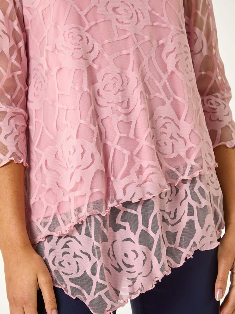 Roman Pink Burnout Rose Print Detail Asymmetric Tunic - Image 5 of 5