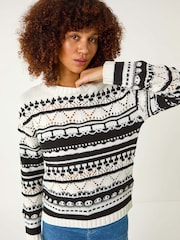 Roman Black Contrast Pointelle Knit Jumper - Image 1 of 5
