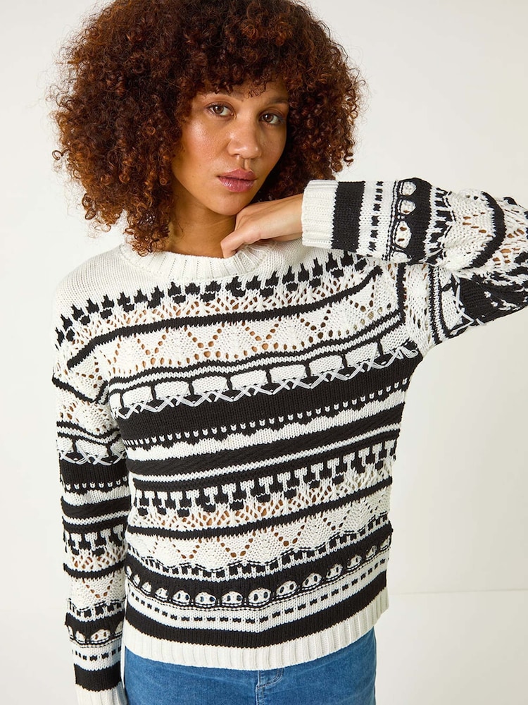 Roman Black Contrast Pointelle Knit Jumper - Image 1 of 5
