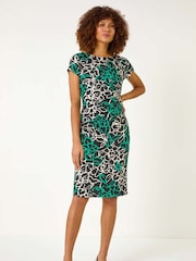 Roman Green Floral Print Side Ruched Dress - Image 2 of 5