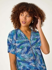 Roman Blue Textured Print Zip Stretch Top - Image 1 of 5