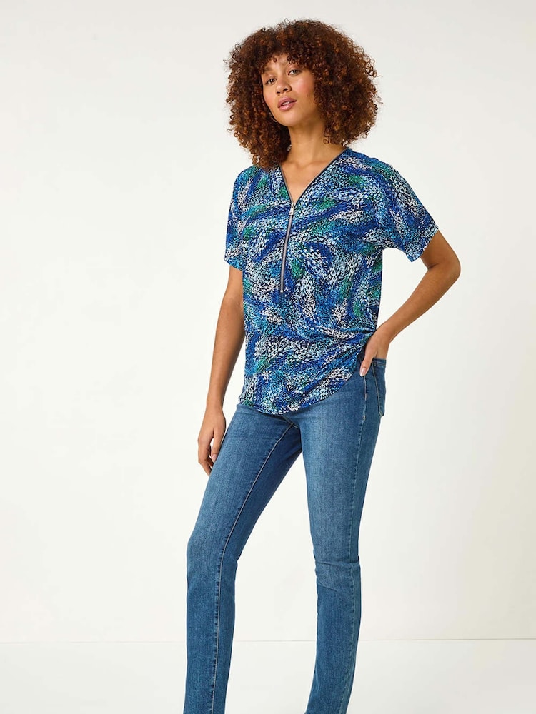 Roman Blue Textured Print Zip Stretch Top - Image 2 of 5