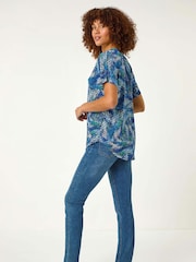 Roman Blue Textured Print Zip Stretch Top - Image 3 of 5