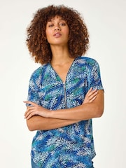 Roman Blue Textured Print Zip Stretch Top - Image 4 of 5