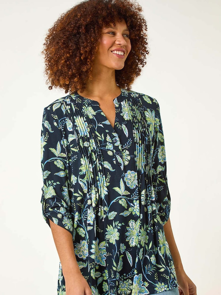 Roman Green Floral Print Pintuck Shirt - Image 1 of 5