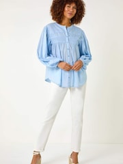 Roman Blue 100% Cotton Pleat Detail Button Through Blouse - Image 2 of 5
