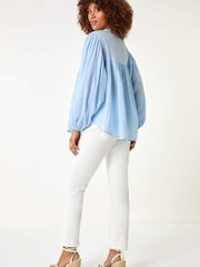 Roman Blue 100% Cotton Pleat Detail Button Through Blouse - Image 3 of 5