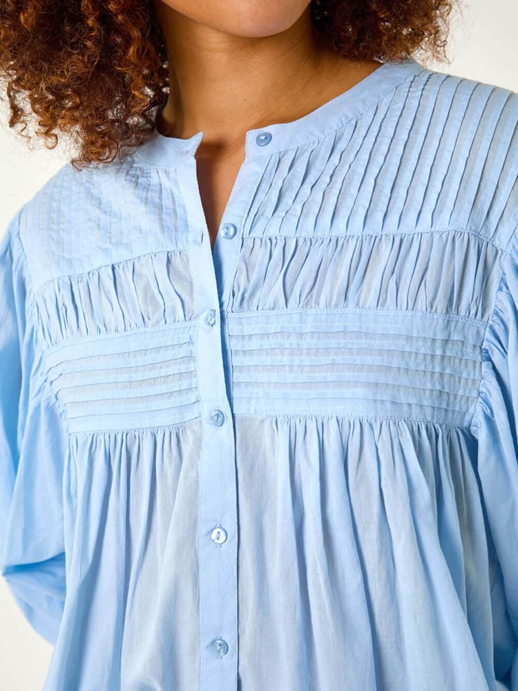 Roman Blue 100% Cotton Pleat Detail Button Through Blouse - Image 5 of 5