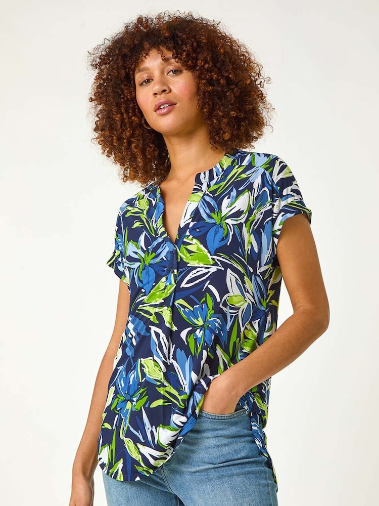 Roman Blue Textured Leaf Print V-Neck Stretch Top - Image 1 of 5