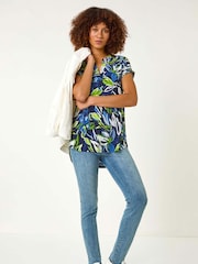 Roman Blue Textured Leaf Print V-Neck Stretch Top - Image 2 of 5