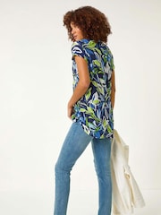 Roman Blue Textured Leaf Print V-Neck Stretch Top - Image 3 of 5