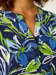 Roman Blue Textured Leaf Print V-Neck Stretch Top - Image 5 of 5