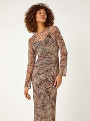 Roman Brown Leopard Mesh Maxi Stretch Dress - Image 1 of 5