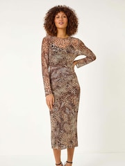 Roman Brown Leopard Mesh Maxi Stretch Dress - Image 2 of 5