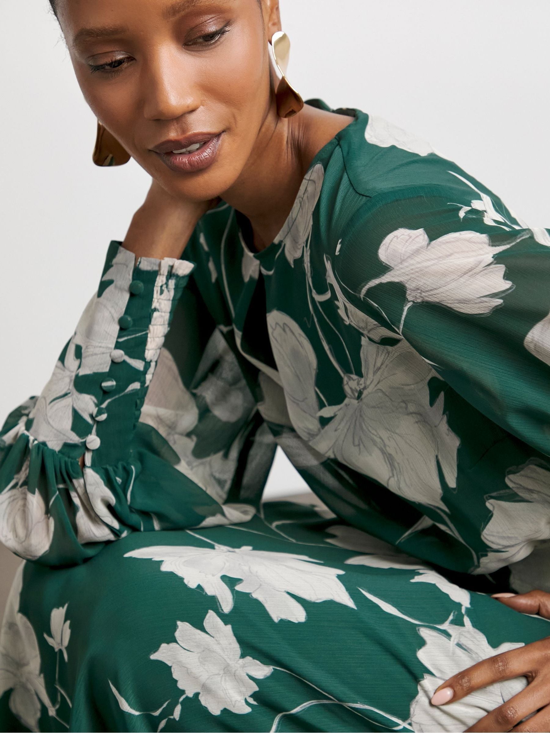 Buy Joanna Hope Green Floral Print Long Sleeve Key Hole Maxi Dress