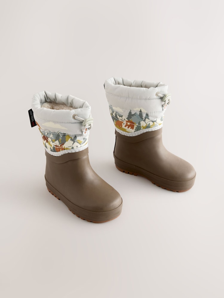 Neutral Brown Bear Scene Quilted Cuff Wellies - Image 1 of 5 Neutral Brown Bear Scene Quilted Cuff Wellies - Image 1 of 5
