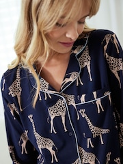 Chelsea Peers Celestial Blue Cotton Giraffe Print Long Pyjama Set - Image 3 of 5