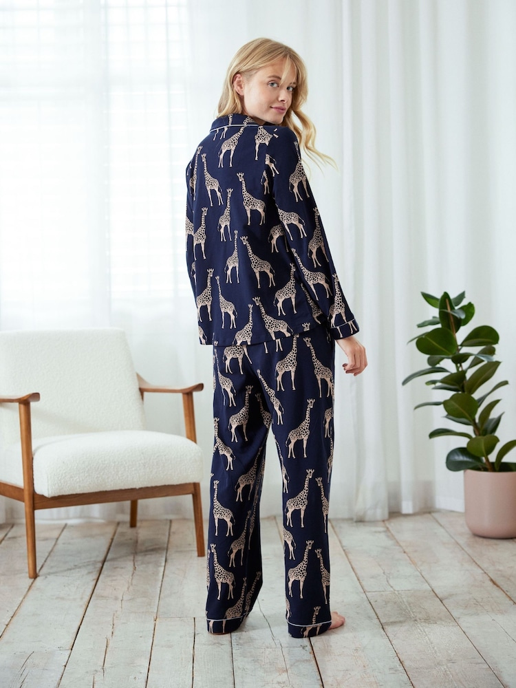 Chelsea Peers Celestial Blue Cotton Giraffe Print Long Pyjama Set - Image 5 of 5
