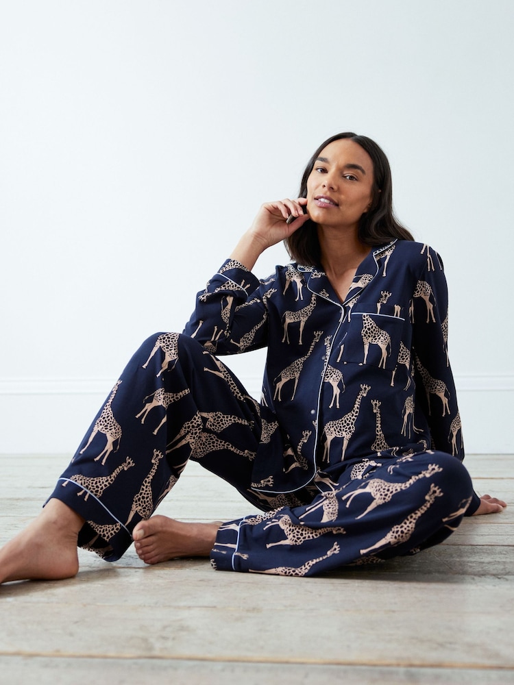 Chelsea Peers Blue Maternity Trouser Pyjamas Maternity Organic Cotton Giraffe Print Long Pyjamas Set - Image 1 of 5