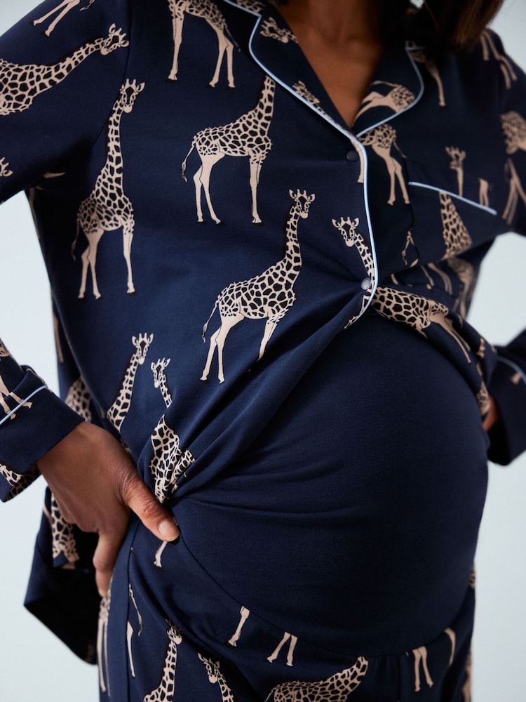 Chelsea Peers Blue Maternity Trouser Pyjamas Maternity Organic Cotton Giraffe Print Long Pyjamas Set - Image 2 of 5