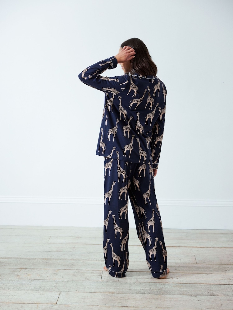 Chelsea Peers Blue Maternity Trouser Pyjamas Maternity Organic Cotton Giraffe Print Long Pyjamas Set - Image 5 of 5