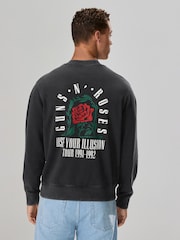 Slate Grey Garment Dye Guns N Roses Licence Graphic Back Print Crew Sweatshirt - Image 1 of 8