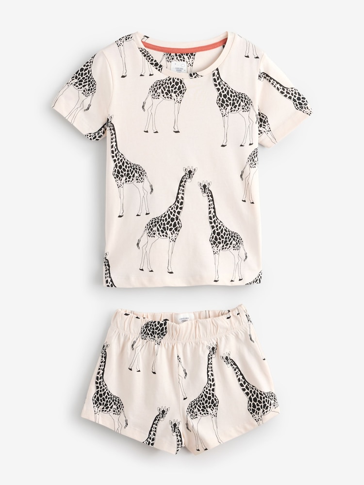 Chelsea Peers White Kids 100% Cotton Cream Giraffe Print Crewneck Short Pyjamas Set - Image 1 of 1