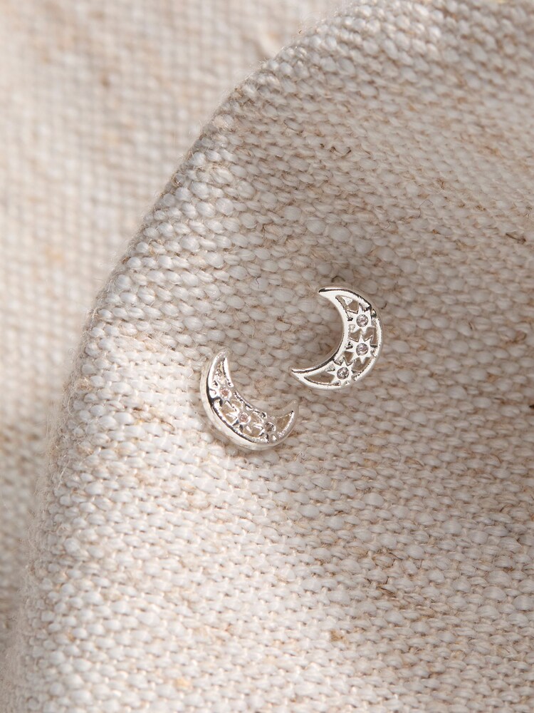 FatFace Silver Tone Moon Stud Earrings - Image 2 of 2 FatFace Silver Tone Moon Stud Earrings - Image 2 of 2